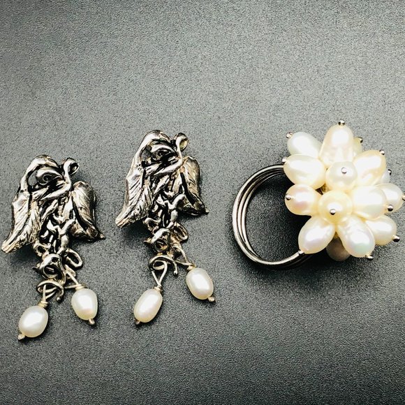 Artisan Sterling Silver Pearl Earrings & Cluster Pearl Ring Size 5 - 18.2 Grams - Picture 2 of 16
